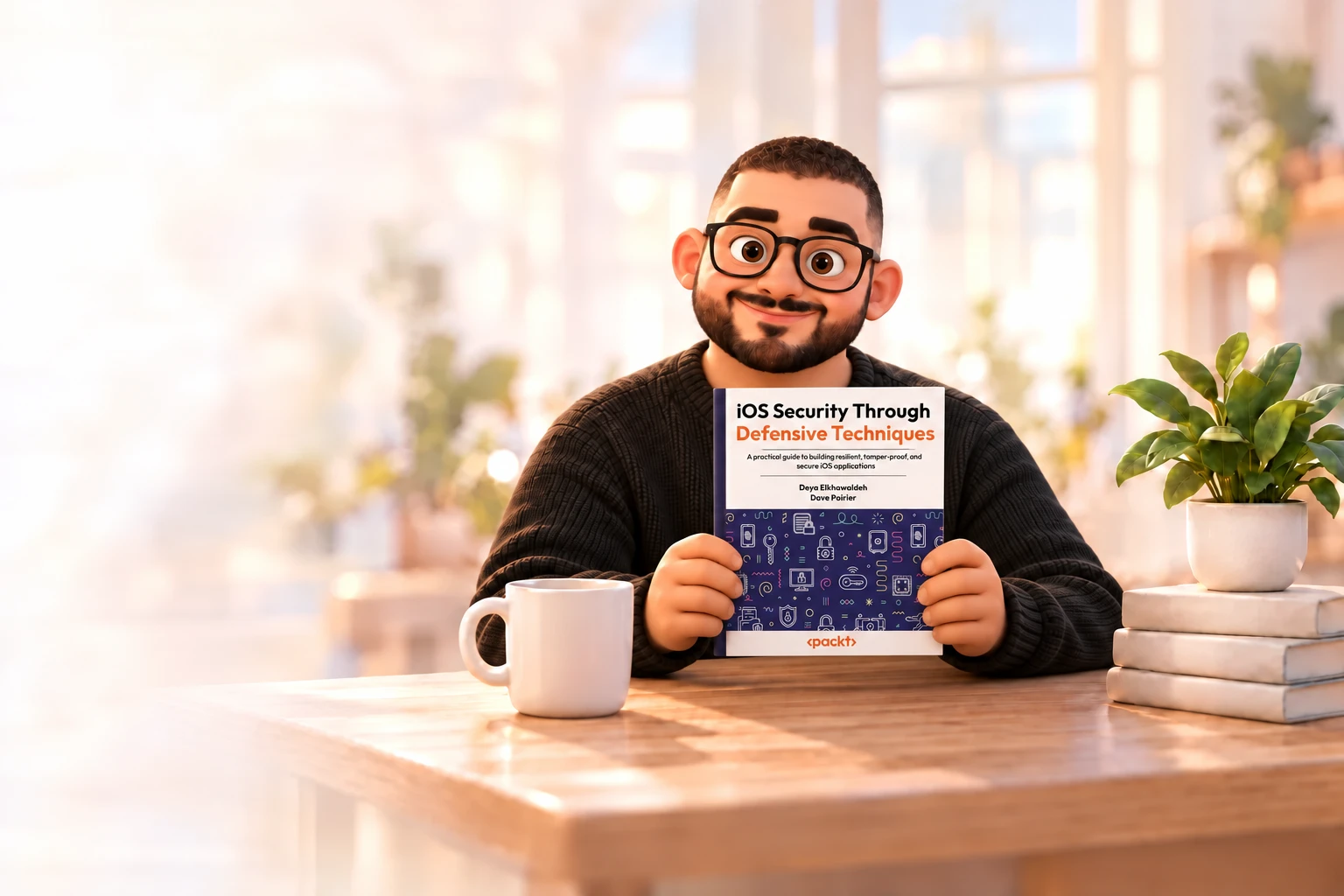 A clay-style developer smiling at the camera while holding iOS Security Through Defensive Techniques with its front cover facing forward