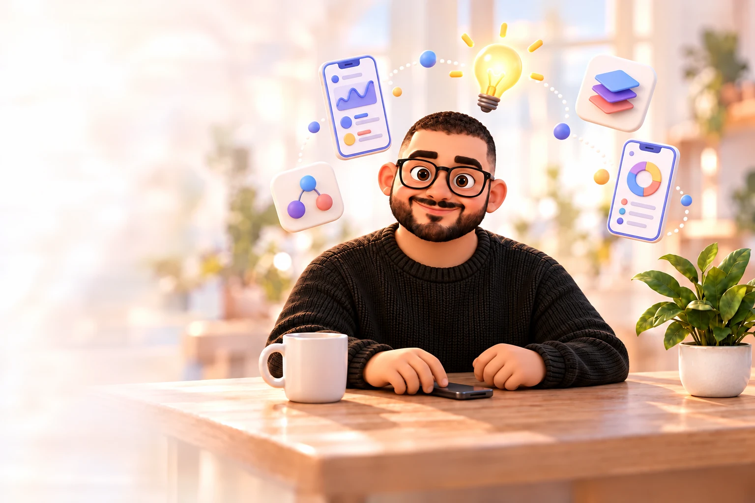 A clay-style developer smiling at the camera, surrounded by floating app screens, abstract app tiles, and an idea lightbulb