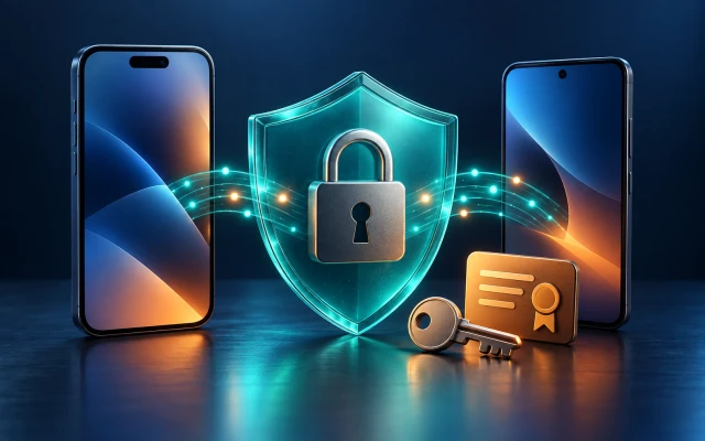 Two smartphones protected by a glass shield, padlock, key, and certificate