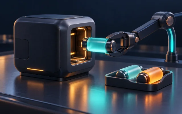 An external assembly mechanism supplies a service capsule to a feature object