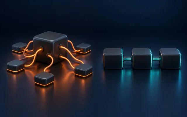 An overloaded tangled object beside a clearer assembly of focused collaborating modules