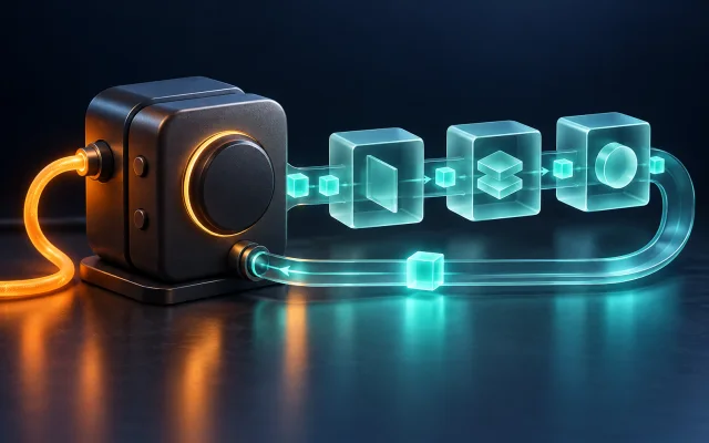 A coordinator owns an effect cable while immutable values pass through a pure transformation pipeline