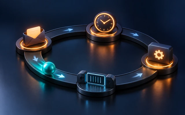 An event loop connecting input events, a timer and a processing station