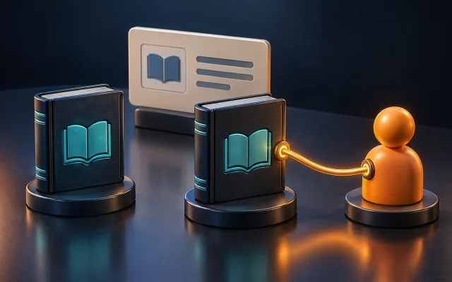 Two library copies share a description while one is linked to a reader through a loan