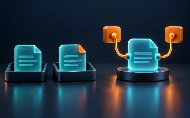 Independent document snapshots beside two handles connected to one shared document
