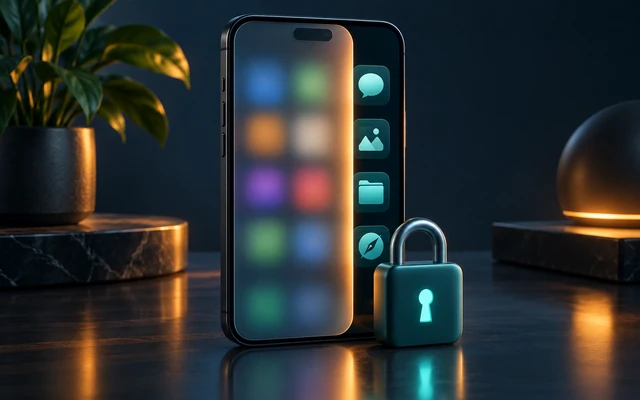 A frosted privacy curtain concealing a phone screen beside a padlock
