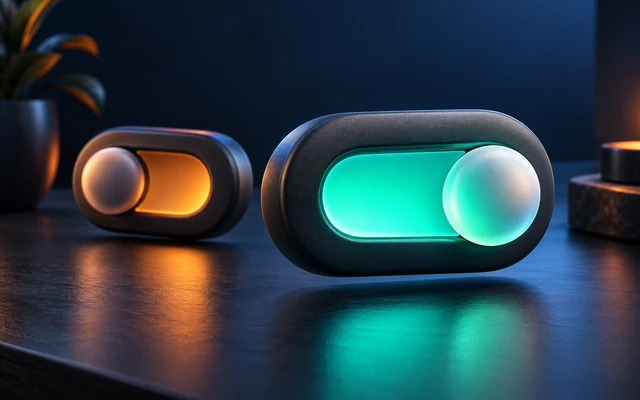 Rounded teal and amber toggle switches showing their on and off states
