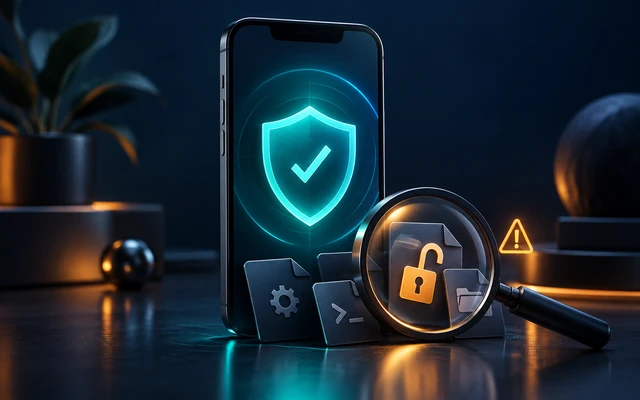 A phone with a glowing security shield and magnifying glass inspecting jailbreak indicators