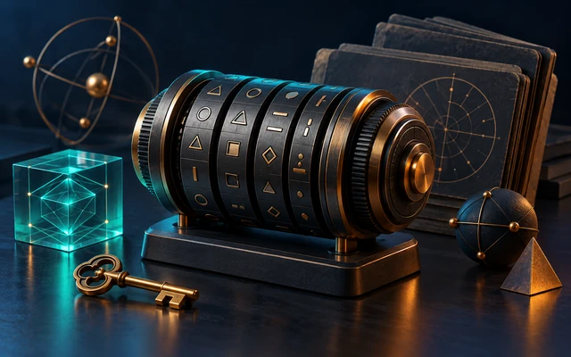 A mechanical cipher rotor beside a key and glowing data cube