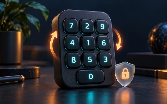 A shuffled numeric keypad with glowing keys and arrows indicating randomized digit positions